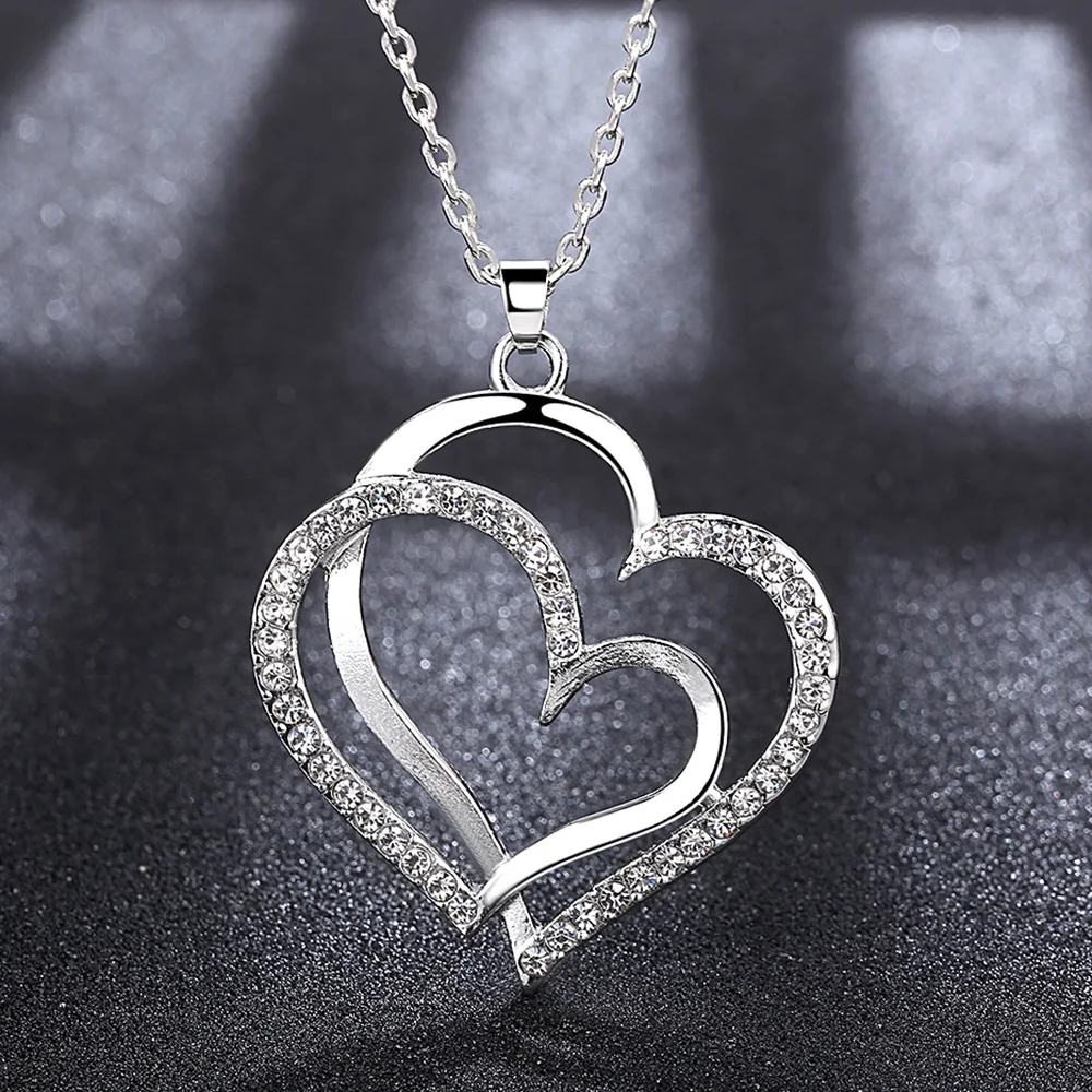 Beiver модное Двойное сердце CZ ожерелье для женщин белое золото Bijoux Femme Свадебные аксессуары