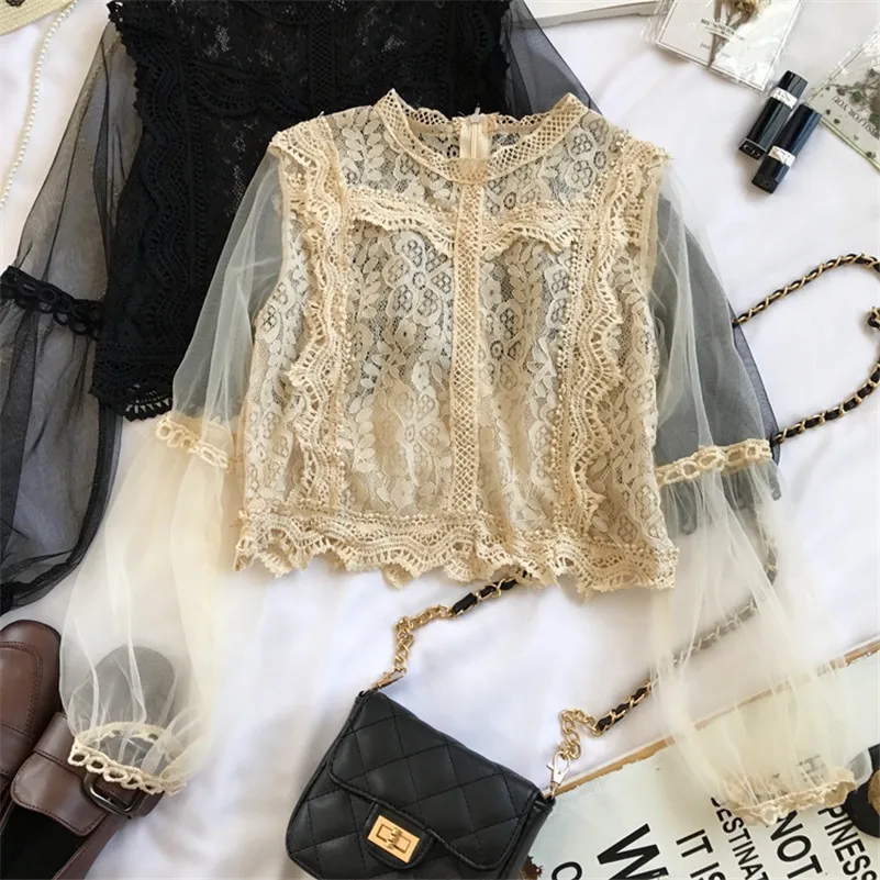 Женская сетчатая блузка с цветочным кружевом рукавом-фонариком | одежда