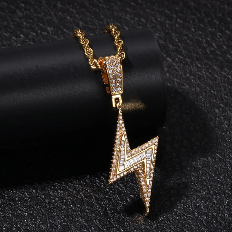 Микро проложили AAA кубического циркония Bling Iced Out подвеска «молния» ожерелье для мужчин хип хоп рэппер ювелирные изделия золото серебро - Окраска металла: gold
