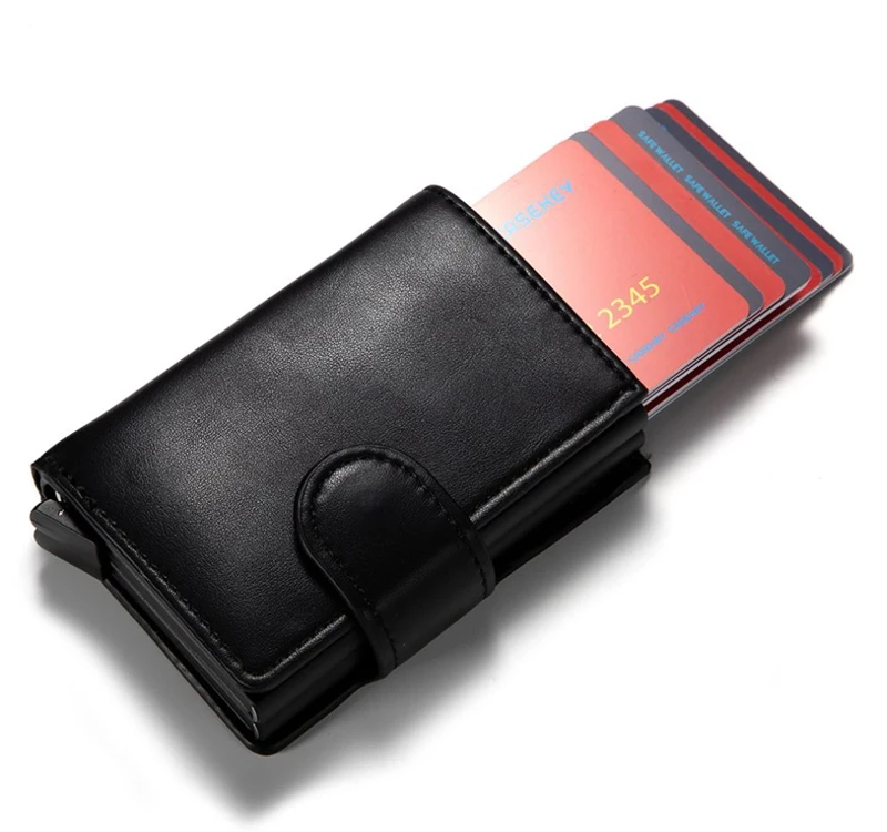 Для мужчин и женщин, визитница для кредитных карт, металлический RFID двойной Алюминиевый футляр из искусственной кожи, кошелек для путешествий, автоматический скользящий Чехол для карт