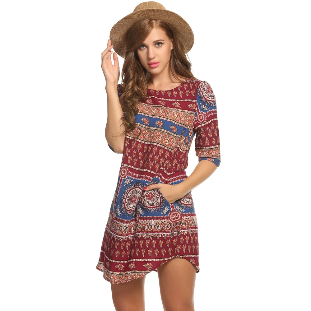 Meaneor Boho Платье женское летнее Открытое платье с принтом Мини Длина О-образным