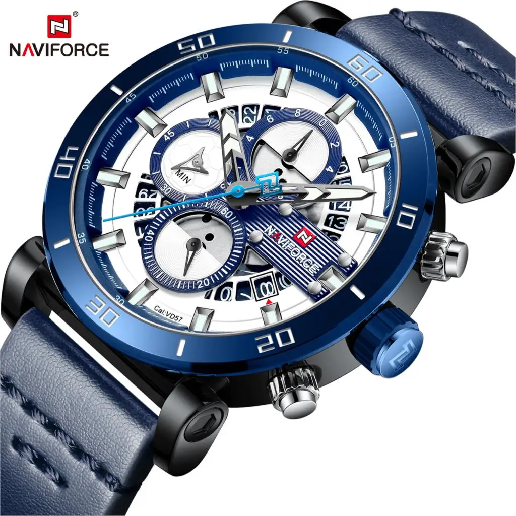 Часы NAVIFORCE для мужчин спортивные аналоговые армейские кварцевые с кожаным