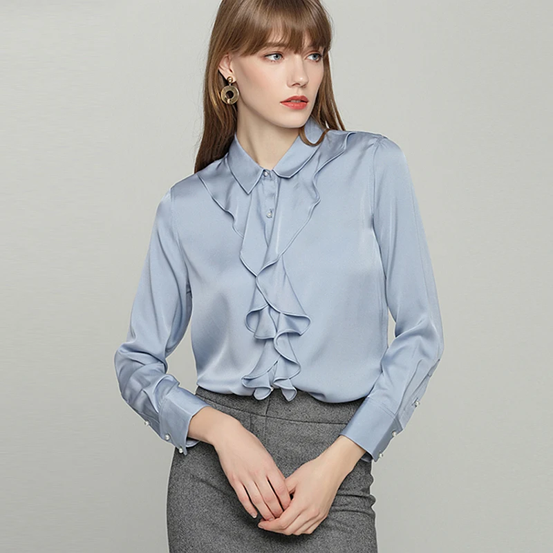 100% Heavy Silk Blouse Women Shirt Elegant Design Ruffles Long Sleeves 2 Colors Office Work Top New Fashion Spring 2018