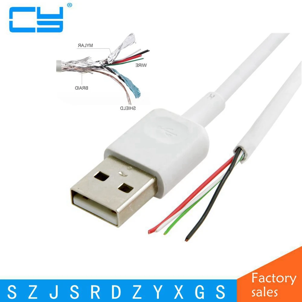 5 шт./лот USB 2 0 A Тип штекер на 4 провода открытый кабель с оплеткой щит для DIY OEM Белый