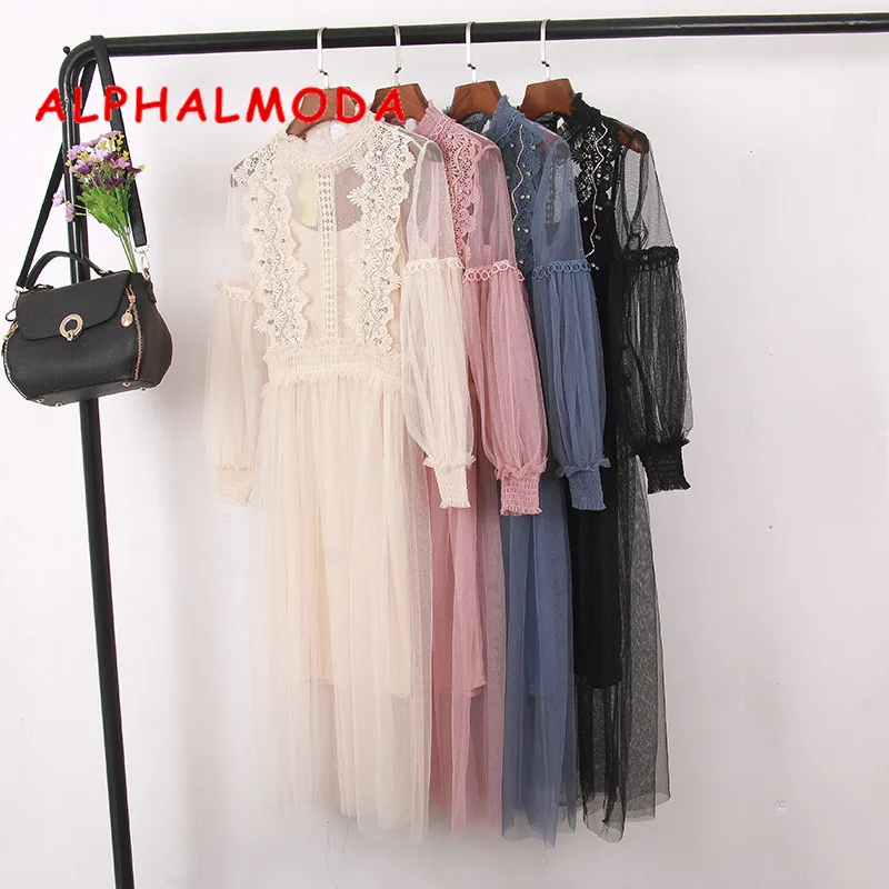 Женское кружевное платье ALPHALMODA милое с длинными рукавами украшенное кристаллами