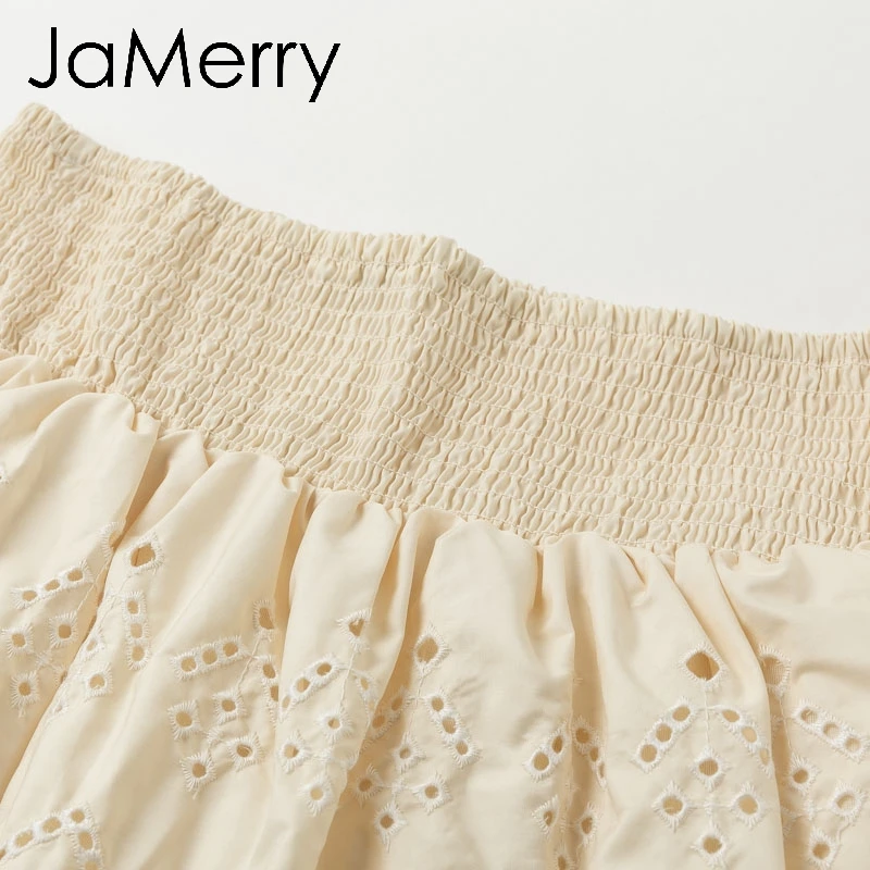 JaMerry Elegant embroidery lace blouse women Summer short sleeve ruffle hollow out tops Fashion ladies solid blouses and tops