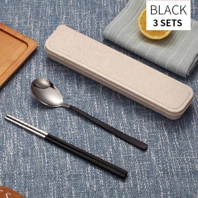 Black 3 Set LANSKYWARE китайский 304 столовая посуда из нержавеющей стали набор портативная противоскользящая посуда с цветной краской для школы и пикника набор для ужина - Цвет: Black 3 Set