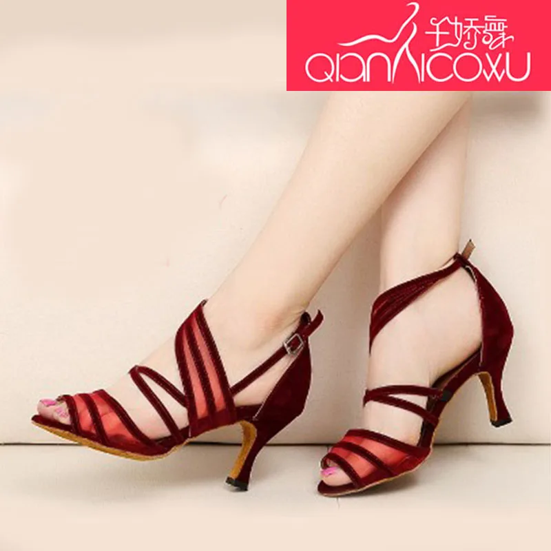 

Woman Qian Jiao Dance Lace Latin Dance Shoes Female Adult High-Heeled Summer Square Friendship Dance Sandals Soft Bottom 7036