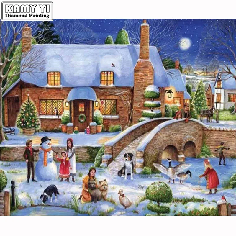 

Пейзаж Снежный дом домашнее украшение 5D DIY Алмазная картина из полимера, круглая, алмазная вышивка рукоделие мозаика XY20