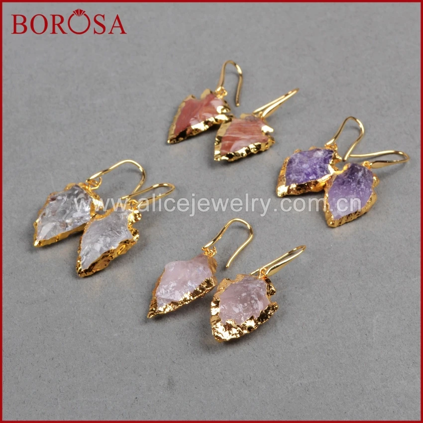 Новые серьги BOROSA золотого цвета с натуральным камнем и кварцевыми наконечниками