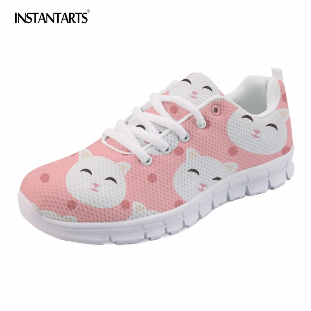 

INSTANTARTS Women Spring Sneakers Air Mesh Lace Up Casual Flats Shoes Cartoon Animal Cat Pattern Women Student Flats Zapatillas
