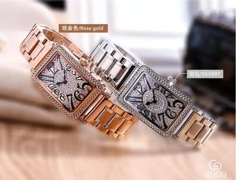 Женские Часы GUOU розовое золото из нержавеющей стали с бриллиантами | Наручные