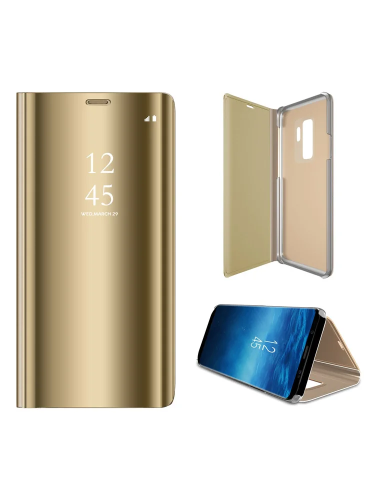 Золотой Умный зеркальный кожаный Капа для samsung Galaxy J4 J6 J8 A7 A8 A9 S6 S7 край S8 S9 S10 плюс S10E A10 A30 A50 M10 M20 M30 Note 8 9 чехол - Цвет: Золотой