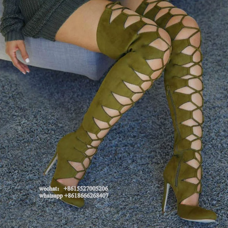 

Army Green Suede Leather Pointer Blue Slim Fit Fall Autumn Lace-Up Long Boots Womens Over The knee Thin High Heeled Thigh Bota