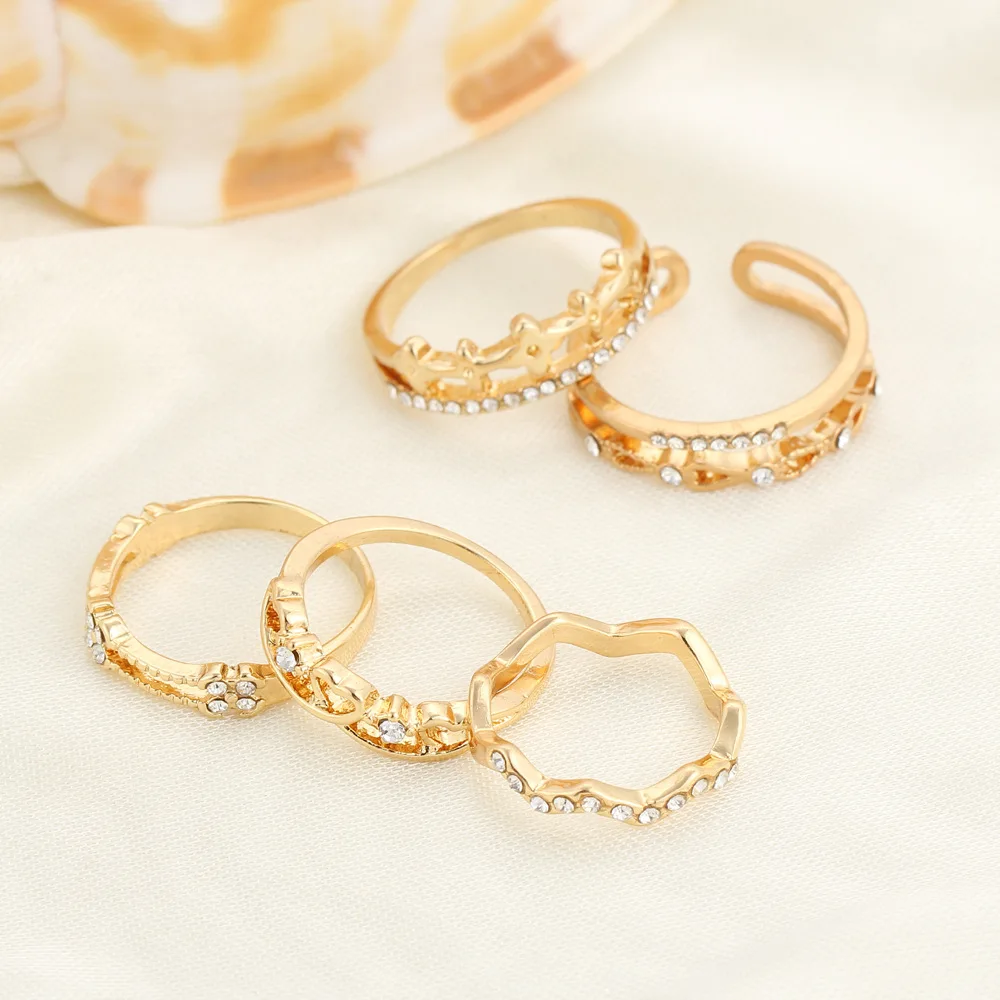 5 шт./компл. комплект позолоченных серебряных колец в форме сердца с кристаллами