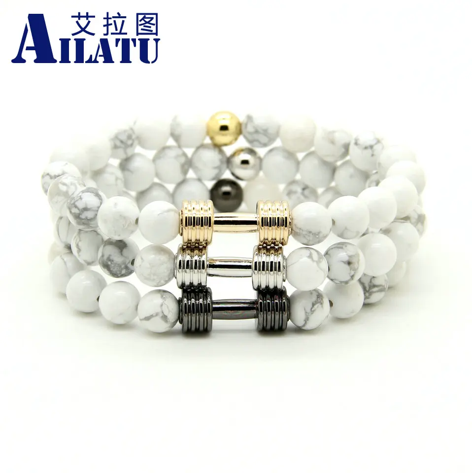 Ailatu оптовая продажа металла Новый штанга и 8 мм белый Howlite мраморный камень фитнес