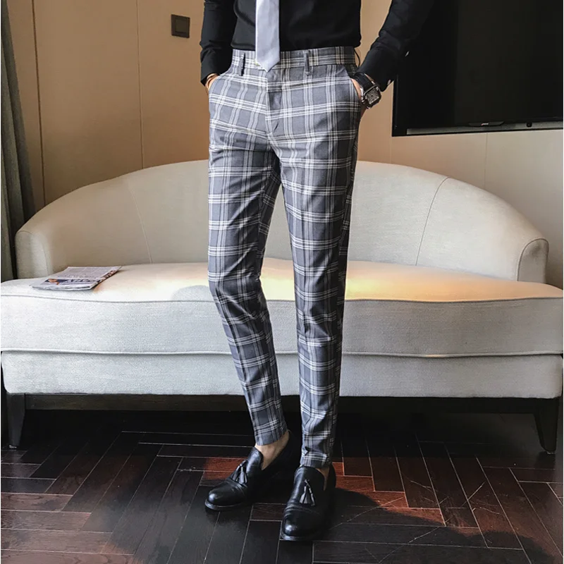 Брюки мужские клетчатые деловые повседневные приталенные до