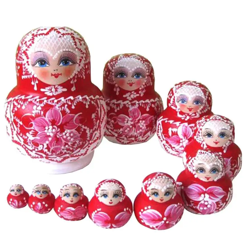 10PCS red Деревянные куклы-матрешки, игрушки для детей с медвежьими ушками, русские Матрешки, детские подарки на день рождения, деревянная матрешка ручной работы, кукольные изделия - Цвет: 10PCS red