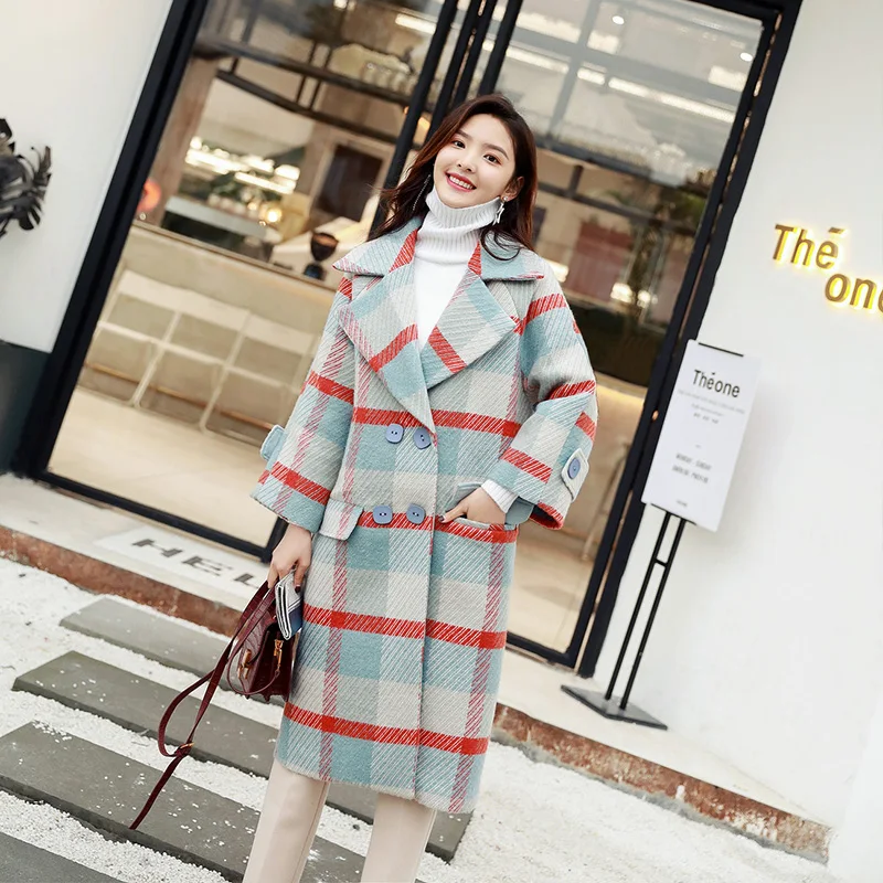 Новинка 2019 модное шерстяное пальто в клетку зимняя куртка Женская шерстяная