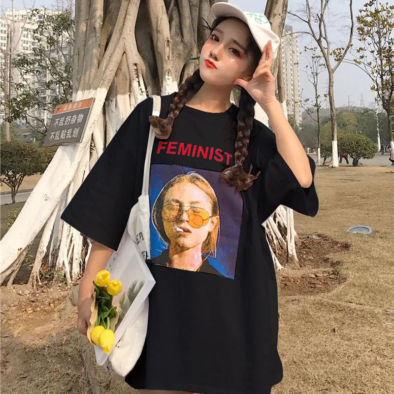 Свободная футболка размера плюс и выше размера d, крутая футболка с графическим буквенным принтом, Длинный топ в Корейском стиле Harajuku Ulzzanggirl, уличная футболка