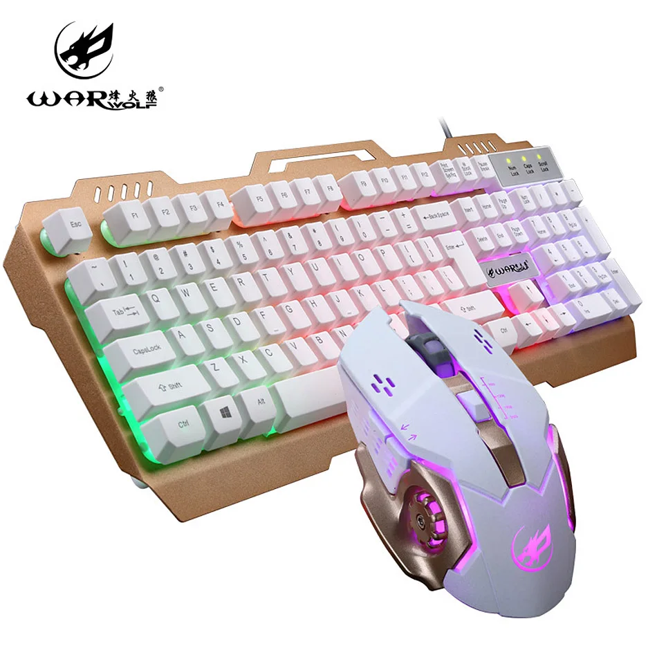 White Игровая клавиатура, мышь, комбинированная, USB, проводная, 104 клавиш, мультимедиа, цветной, светодиодный, подсветка, металлическая клавиатура и мышь, мыши для PC Gamer - Цвет: White