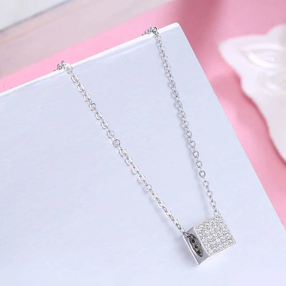 Exquisite Silver Cubic Zircon Cube Pendant Necklace Women 925 Sterling Rhinestone Square Drop for Lady Love Gift |