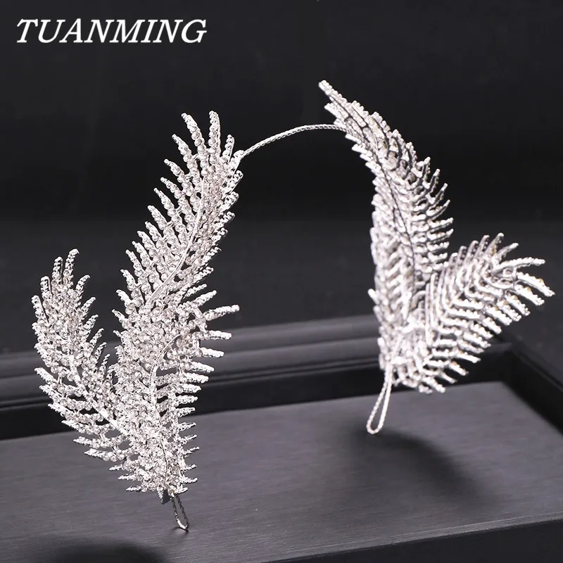 

Silver Color Feather Tiara Hairbands Bride Headdress Rhinestone Feather Tiaras Headbands Wedding Hair Band Accessories