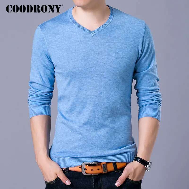Небесно-голубой COODRONY Brand Sweater Men Knitwear Pull Homme Streetwear Classic Casual V-Neck Pullover Men Autumn Winter Woolen Sweaters 91054 - Цвет: Небесно-голубой