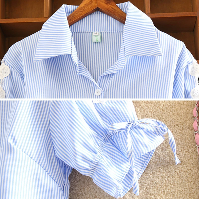 Женские кружевные блузки полосатые рубашки для девушек лето 2018 отложной