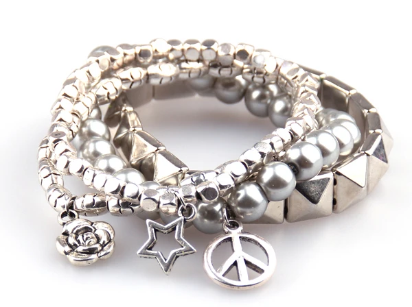 

Free Shipping 4 row hyramid square beads pearl Glass Beads bracelet with rose flower,peace,pentacle charm Women gift bracelet