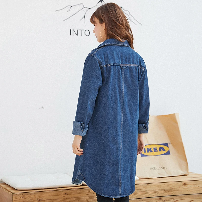 Пальто для женщин 2018 Весенняя Новинка простой сплошной цвет длинная джинсовая