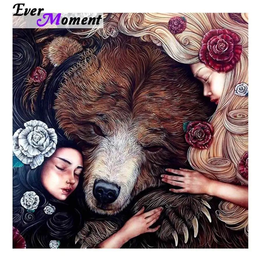 

Ever Moment Diamond Painting Flower Girls and Bear DIY 5D Diamond Mosaic Full Square Crystals Portrait Animal Home Decor ASF974