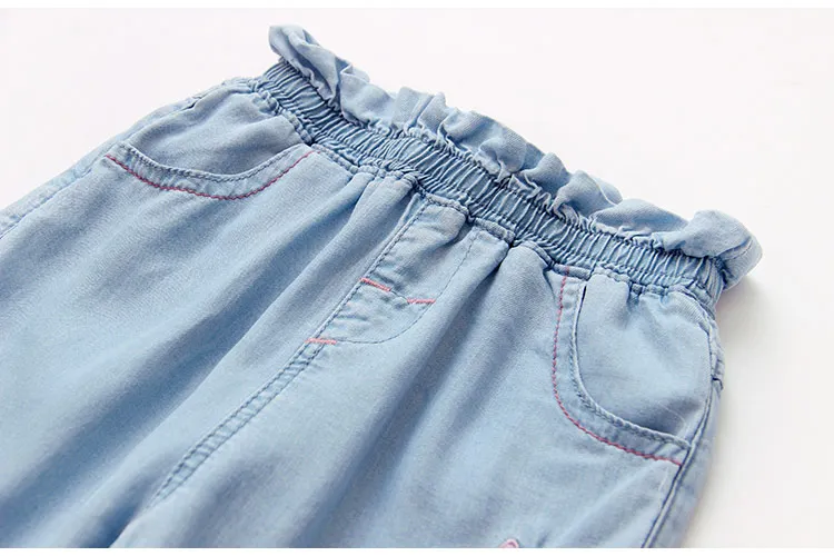 Детские брюки с вышивкой коллекция 2019 года летняя одежда новые джинсы пятью