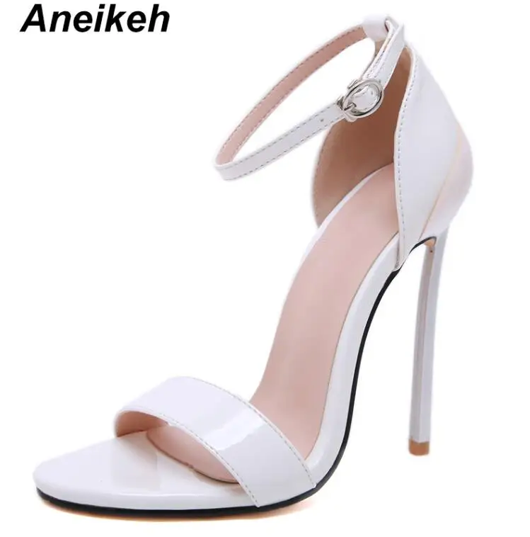 White Aneikeh/ модные женские туфли на высоком каблуке из искусственной кожи сандалии с ремешками на лодыжках; туфли-лодочки с открытым носком на каблуке-шпильке под платье обувь для вечеринок Размер 40-42, цвет: черный - Цвет: White