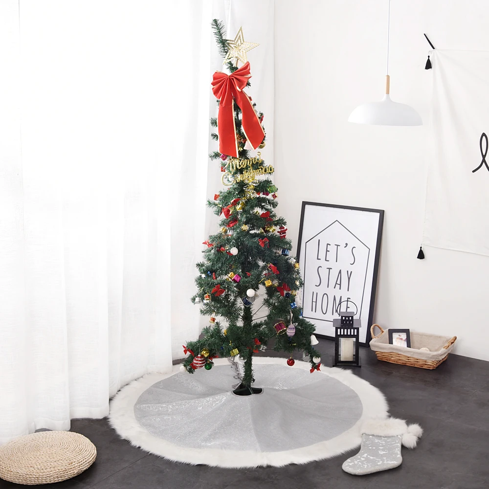 Promotion 36&quot/42&quot/48&quot 3D embossed silvery jacquard damask luxury lamie with Faux fur Border Christmas tree skirt P4778 | Дом и сад
