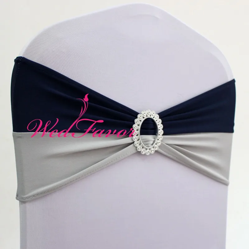 Navy Silver Oval 100 шт. двойной цвет лайкра стрейч Подвязка из спандекса для стула полосы с пряжкой для банкета свадебные украшения - Цвет: Navy Silver Oval
