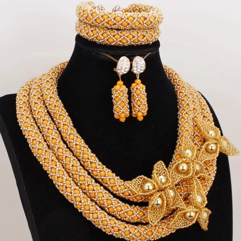 

Dudo Costume Jewellery African Women Wedding Jewelry Set Crystal Beads Luxury Bridal Necklace Set Indian 3 Layers Flower Set