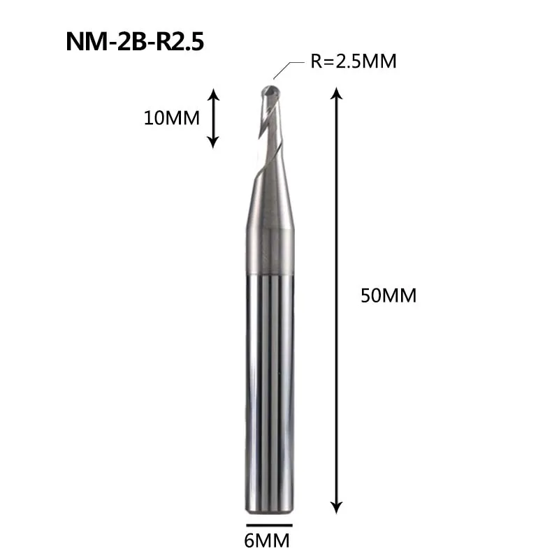 NM-2B-R2.5 NM-2B Вольфрамовая сталь 2 Флейта с шариковым носиком с покрытием Концевая мельница с ЧПУ Фрезерный резак режущие инструменты для обработки меди и алюминиевого сплава - Длина режущей кромки: NM-2B-R2.5