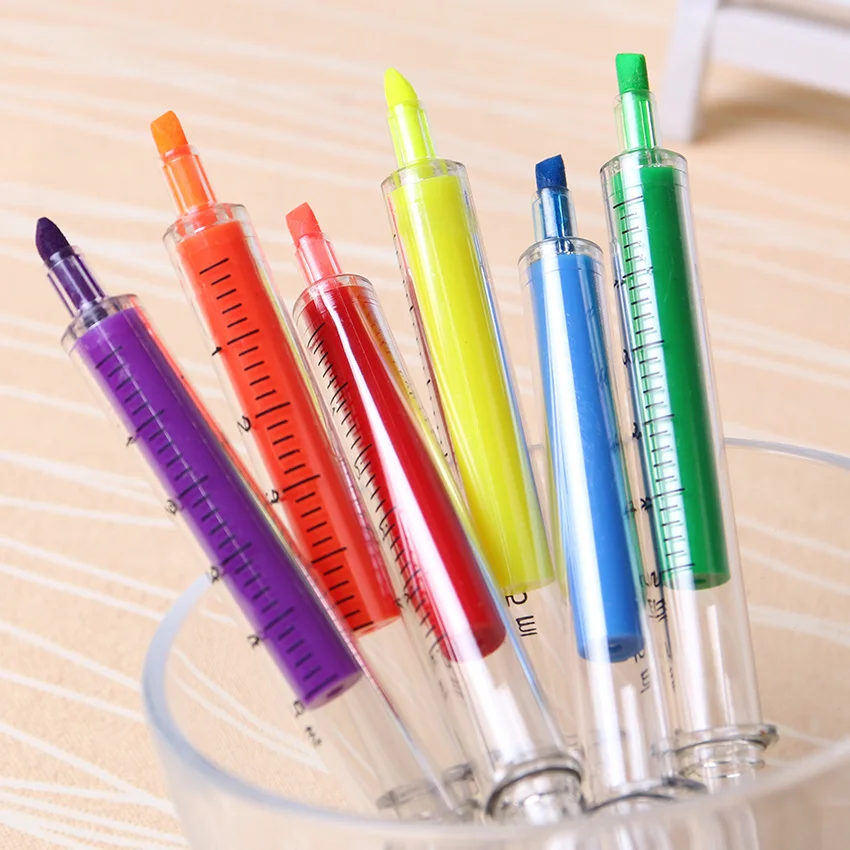 

6PCS/Lot New Novelty Highlighter Pen Marker Stationery Syringe Highlighter Needle Tube Watercolor Writing Painting Pen