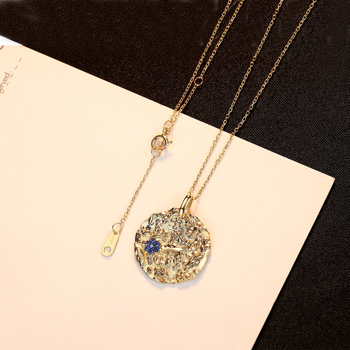CZCITY Brand Solid Pure 14k Gold Round Pendant Necklaces for Women Blue AAA CZ Yellow Gold Fine Jewelry Gift Au 585 N14138