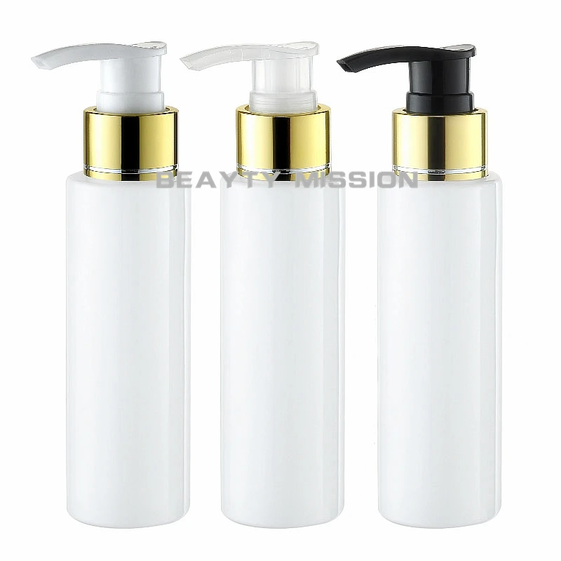BEAUTY MISSION lotion pump bottle 100ml 48 pcs/lot white bright gold foil flat shoulder screw pump,pump bottles plastic