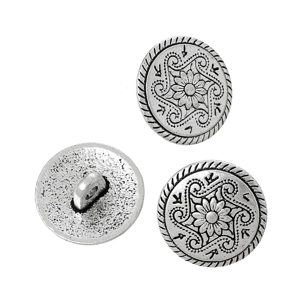 DoreenBeads, Цинковый металлический сплав, хвостовик, кнопка, металлическая кнопка, круглая, античное серебро, одно отверстие, цветок, 15 мм(5/"), диаметр, 8 шт