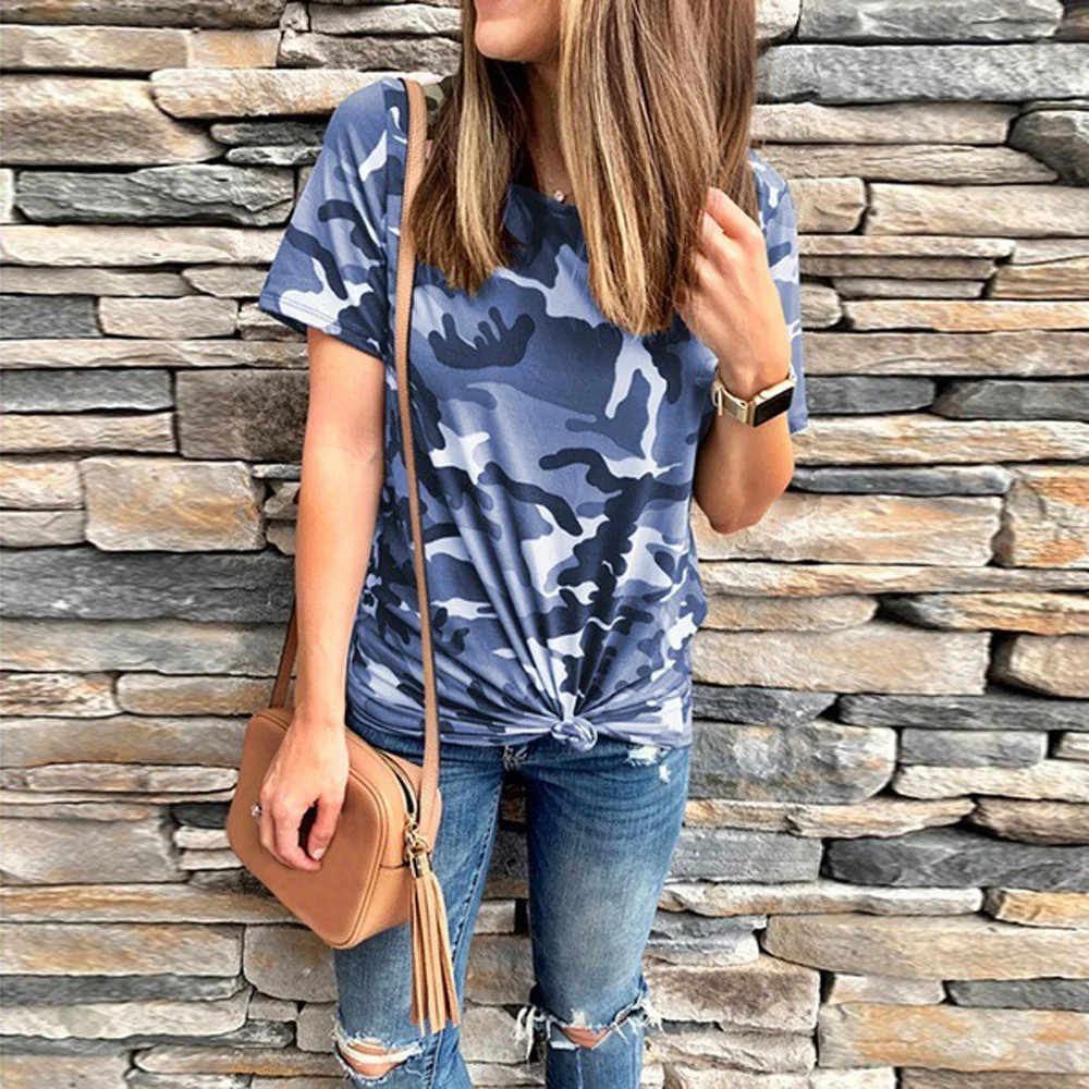 Женские повседневные топы камуфляжные 2019 летние свободные с круглым вырезом