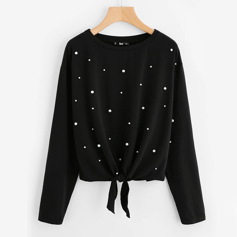 SHEIN Милая футболка с жемчугом и бантом спереди, черная Повседневная футболка для женщин, женские футболки с длинным рукавом и круглым вырезом
