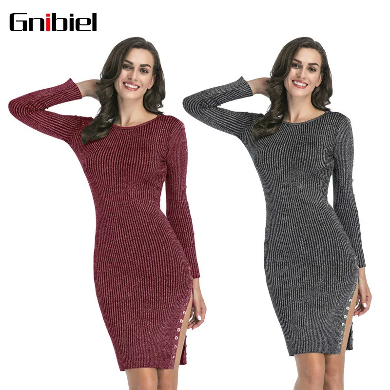 GNIBIEL 2018 женское платье Осень Длинные рукава порождения низ кнопку открыть