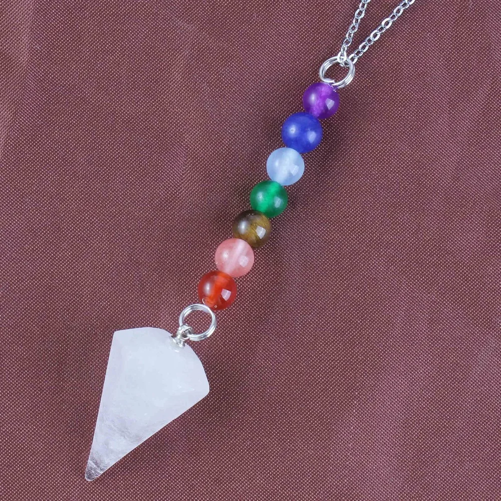 

Trendy-beads Silver Plated Rock Crystal Hexagon Pyramid 7 Stone Beads Healing Chakra Pendant Necklace Fashion Jewelry