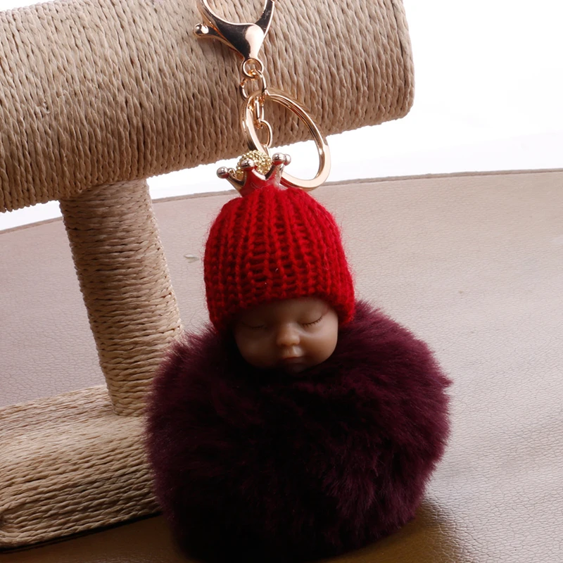 Sleeping Baby Doll Keychain Faux Fur Ball Car Keyring Crown Toy Key Holder Bag Pendant Charm Good Detail Accessories 6C0835 | Украшения и
