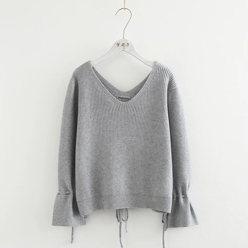 Autumn New Pure Color V-neck Pullover Sweater Women Casual Knitwear Lace Up Flare Sleeve Knitted Chandail Femme Top Coat | Женская
