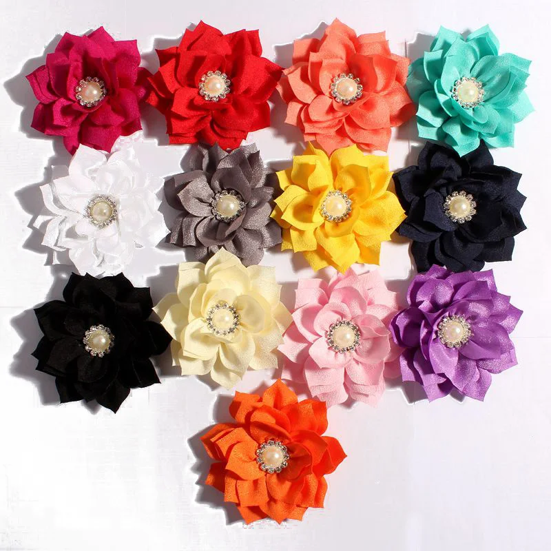 

5pcs/lot 3.6" 13colors Lotus Flower With Rhinestone Pearl Button For Girls Hair Accessories Double Fabric Flowers For Headbands