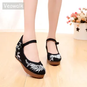 Женские парусиновые кроссовки Veowalk, повседневная обувь со скрытой платформой, с ремешком на щиколотке, с вышивкой в китайском стиле, в стиле ретро